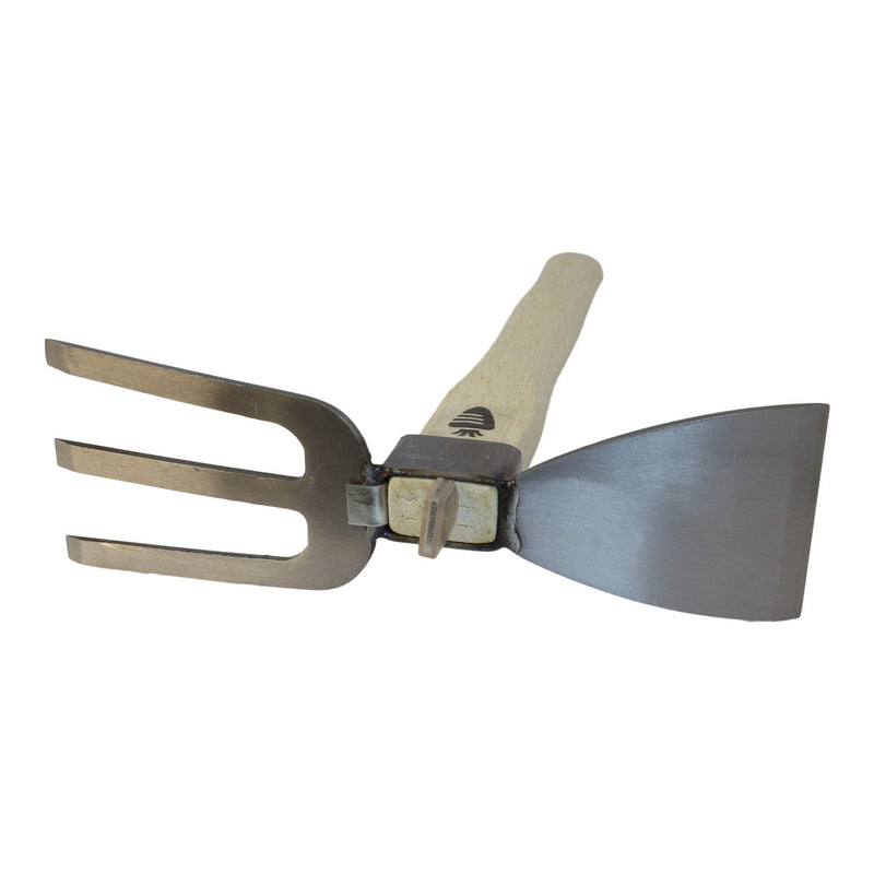 Carrot Design Stainless Japanese Style Garden Hoe and Cultivator Dual Headed Weeding Tool - 3 Prongs Combo Garden Tools with Wood Handle