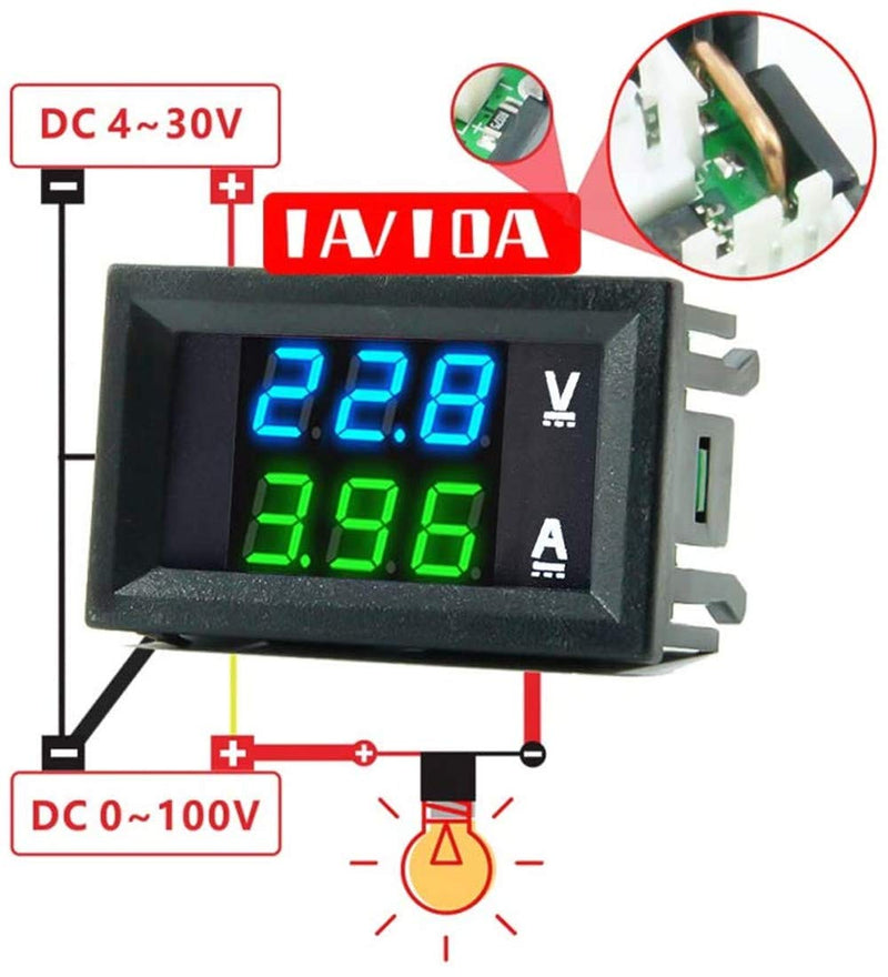 diymore 5PCS 0.28" Volt Amp Meter Digital Voltmeter Ammeter DC 100V 10A Waterproof Dual Display Current Voltage Meter Mini Ammeter Voltmeter 3 Bits Dual LED Display Panel(Blue-Green) Blue-Green