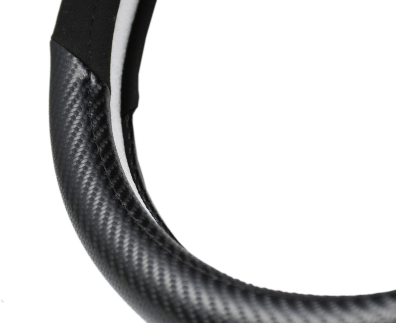 Carbon Fiber + Leather Steering Wheel Cover with Sporty Red Top Stripe, Non-Slip and Sweat Absorbent Universal fit All 14 ½ to 15 inches SW for Most Car SUV Pickup carbon pattern+black leather+ red circle