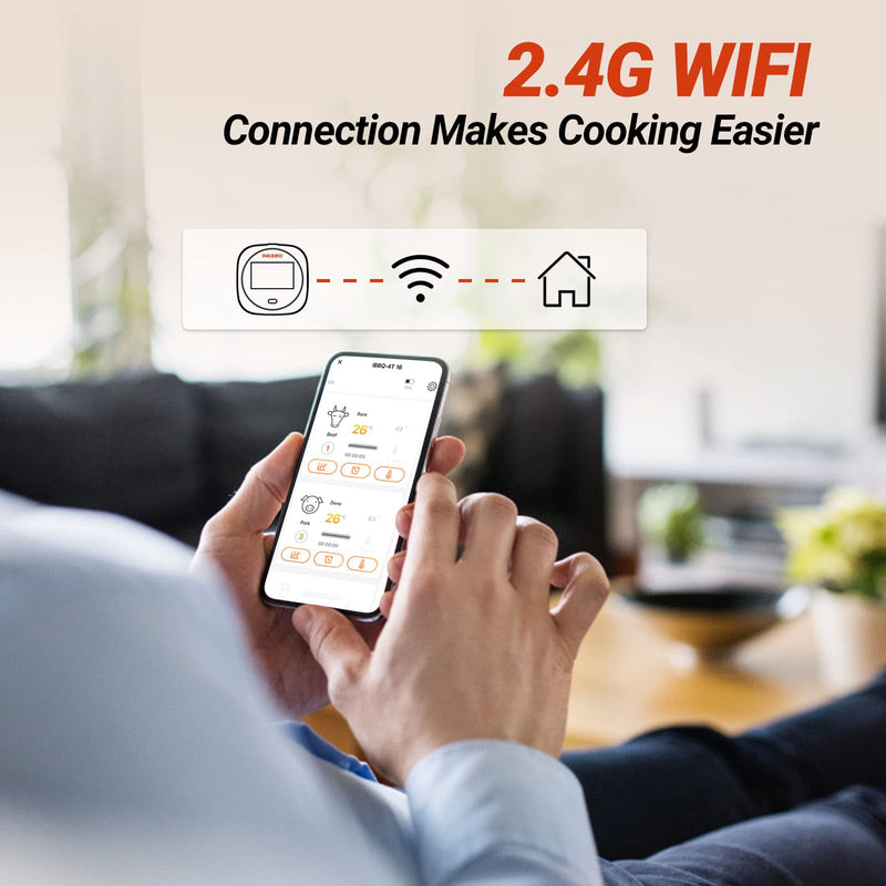 INKBIRD WiFi Meat Thermometer for Grilling, Unlimited Rang Rechargeable BBQ Thermometer APP Calibration, Temp Graph Mobile Notification, 4 Colorful Probes Food Thermometer for Pellet Smoker Oven