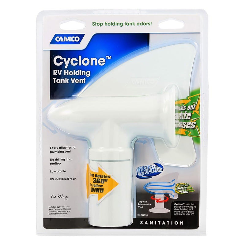 Camco Cyclone Rotating Sewer Plumbing Vent - Rids Odors from Your RV Holding Tank, Rotes 360 Degrees to Pull Odors Up and Away - White (40595)