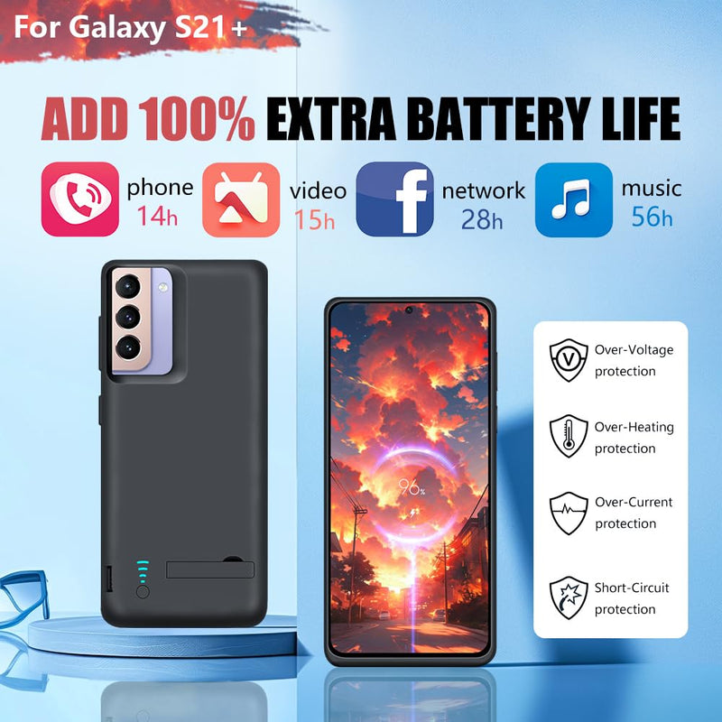 Battery Case for Samsung Galaxy S21+ 5G, 5000mAh Rechargeable Extended Battery Charging Charger Case, Add 100% Extra Juice (6.7 Inches) Black