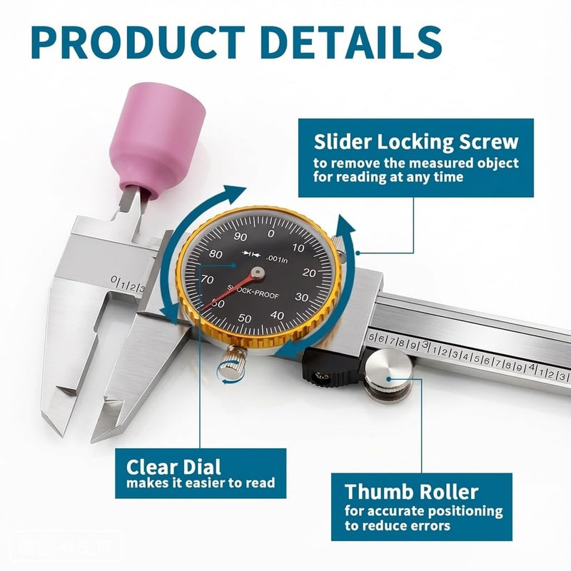 WeldingStop Precision 0-6" Dial Caliper Set with Protective Case - 0.001" Accuracy 4-Way Measuring Tool, Shock-Proof Stainless Steel, Ideal for Home & DIY Measurement