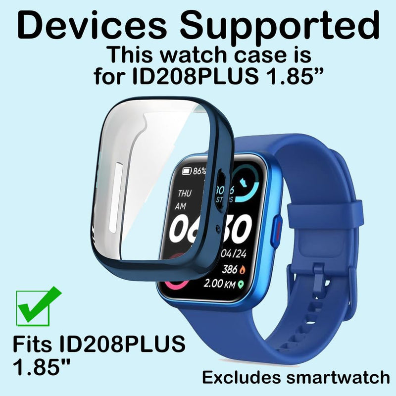 TPU Case with Built-in Screen Protector for Quican ID208PLUS 1.8”, Tensky 208BT 1.7”, Gydom, Hingso ID208 Plus+ 1.85”, Woneligo Fitness Tracker Smart Watch, Full-Body Protection, 9H Blue