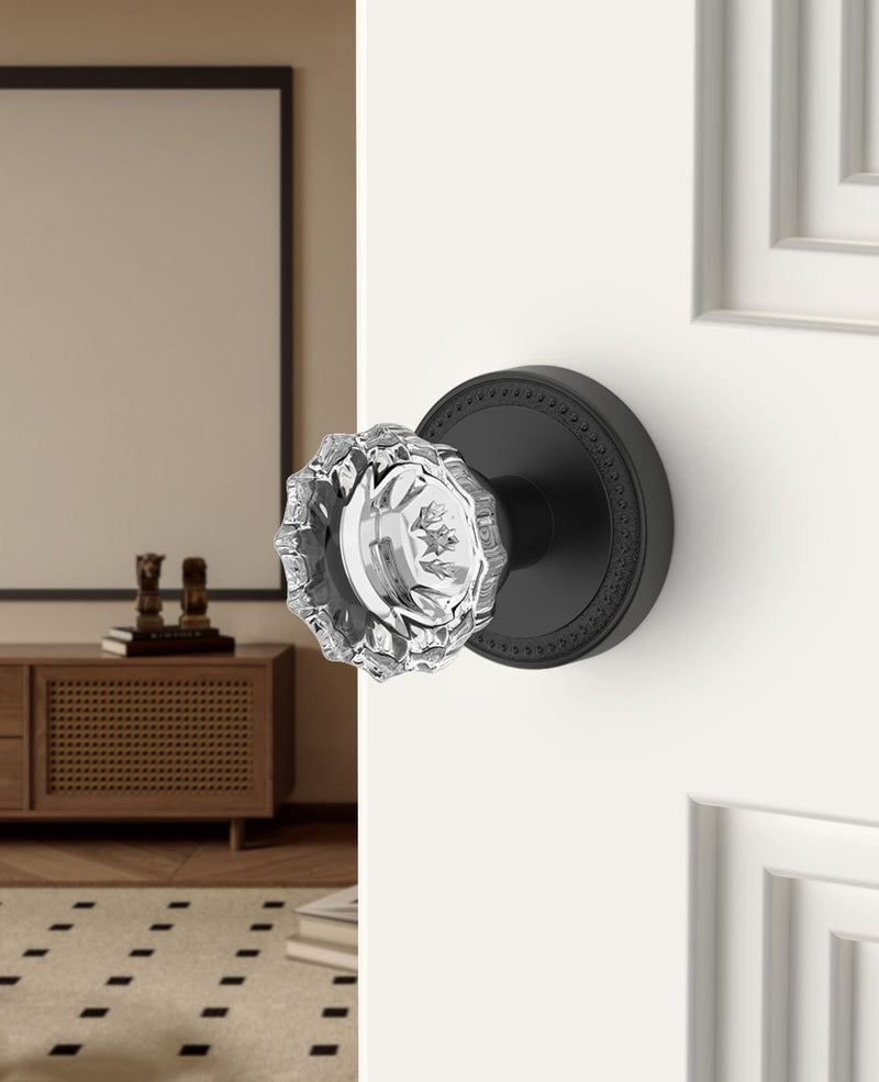Asidrama 1 Pack Passage Black Crystal Door Knob with Lock, Matte Black Glass Door Knobs Interior for Bedroom or Bathroom, Heavy Duty for Left Right Sided Doors