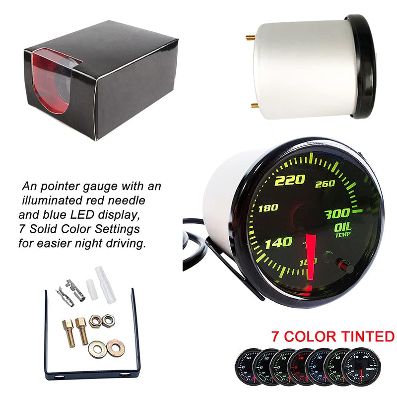 2" Oil Temp Gauge 7 Color Tinted 52mm Temperature Meter 100-300℉ Fahrenheit Includes Electronic Thread 1/8 NPT Sensor