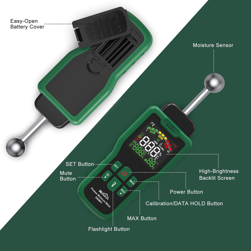 Moisture Meter, SQECH Pinless Moisture Meter with Thermometer, Flashlight, Alarm, Multifunctional Wood Moisture Meter with Color LCD, for Walls, Wood, Masonry, Caravans, Apartments