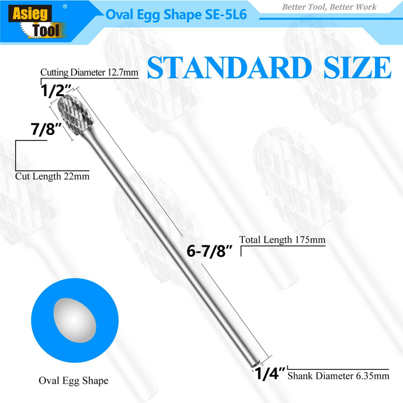 SE-5L6 Tungsten Carbide Burr Lengthened Rotary File Oval Egg Shape Double Cut with 1/4''Shank for Die Grinder Drill Bit SE-5L6