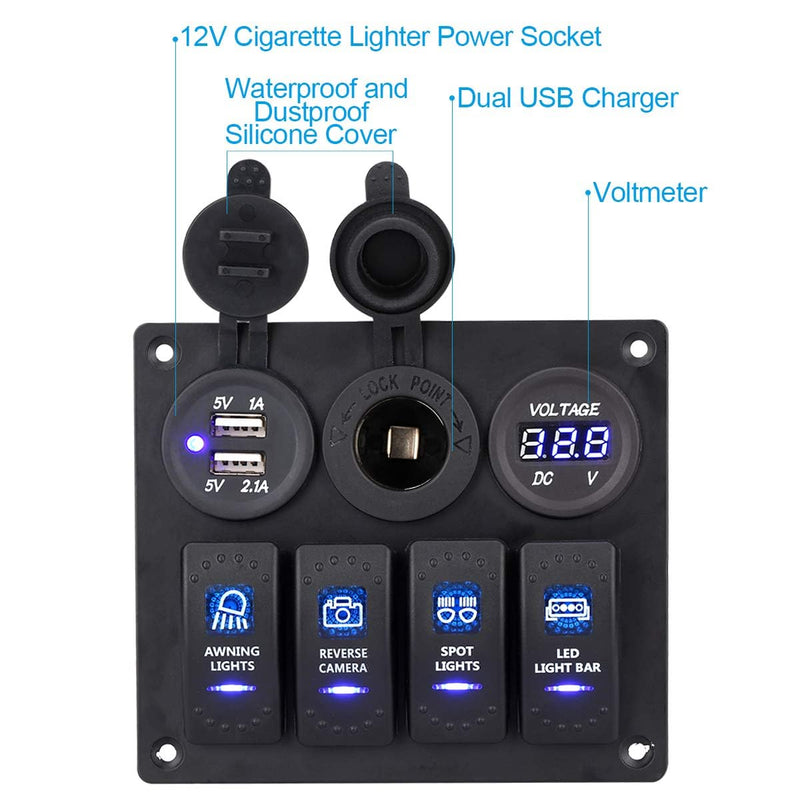 4 Gang Waterproof Marine Rocker Switch Panel, 12A 24V Boat Switch Panel with 2.1A USB Fast Charger, Digital Voltmeter, Cigarette Lighter Socket, Switch Panel for Pontoon Boat RV Truck ATV UTV 4 Gang Blue