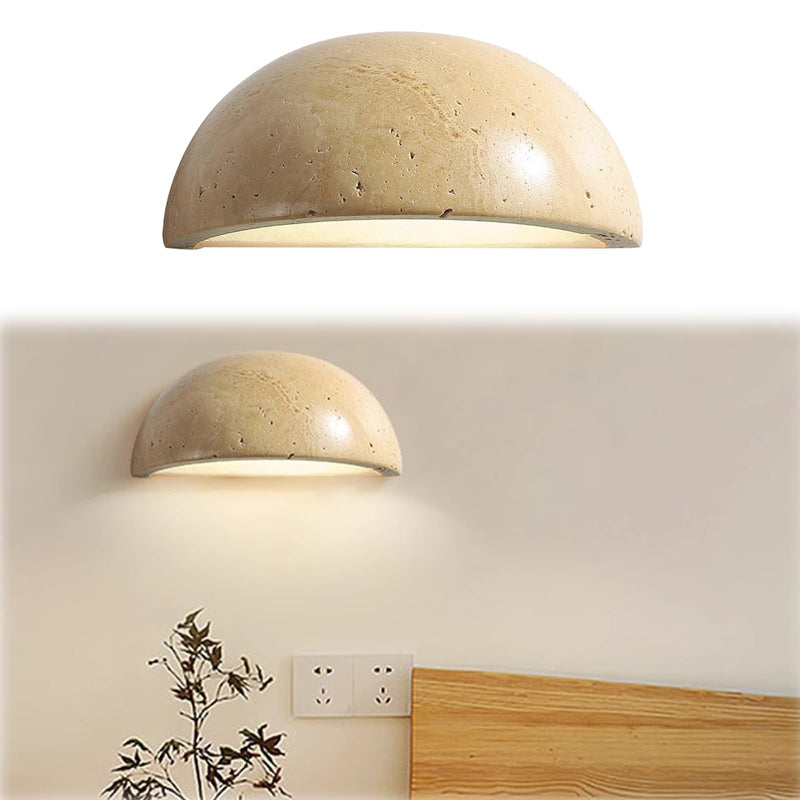 Wabi Sabi Art Lighting Fixture, Modern Marble Semi Circle Yellow Travertine Wall Sconce, Japanese Style Natural Stone Lampshade Bedside Wall Light for Bedroom Kitchen Foyer Entryway Stairs