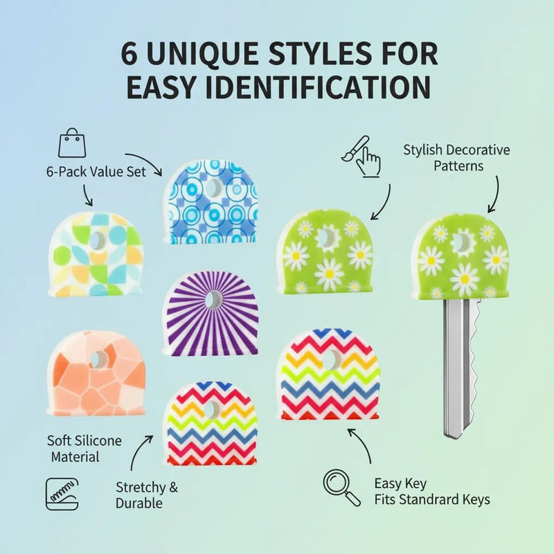 6Pcs Unique Key Covers Caps Silicone Decorative Head Protector Set | Patterned flexible silicone key caps slip over flat keys to prevent scratches for students carrying keychains. 6pcs Printed Pattern