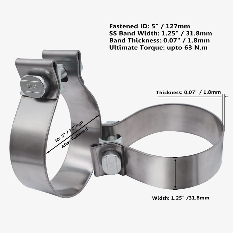 5 inch Exhaust Clamp Narrow Band Muffler Clamp Stainless Steel for Exhaust Pipe and System Repair (2 Pack) 5"