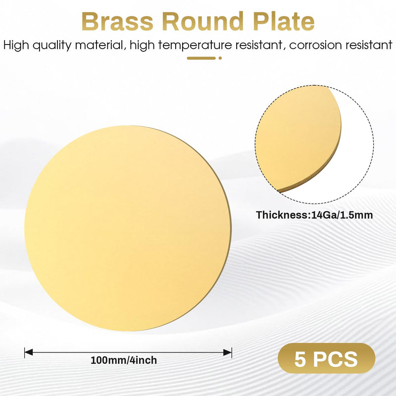 4" Brass Discs, 14Gauge 1.5mm Thickness Brass Round Plate Brass Metal Blanks Circles for Jewelry Making, Crafts, Stamping, DIY (5 Pac) Dia:4" Thickness:14Ga/1.5mm