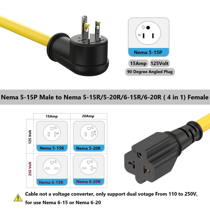 10-Ft 12AWG 90-Degree 15 Amp Household Plug to 20-Amp Extension-Cable,Nema 5-15P to 5-20R,5-15P to 6-15R/20R T Blade 20Amp to 15Amp Right-Angle Heavy Duty Extension-Cord,125V 15A to 20A AC Power Cord