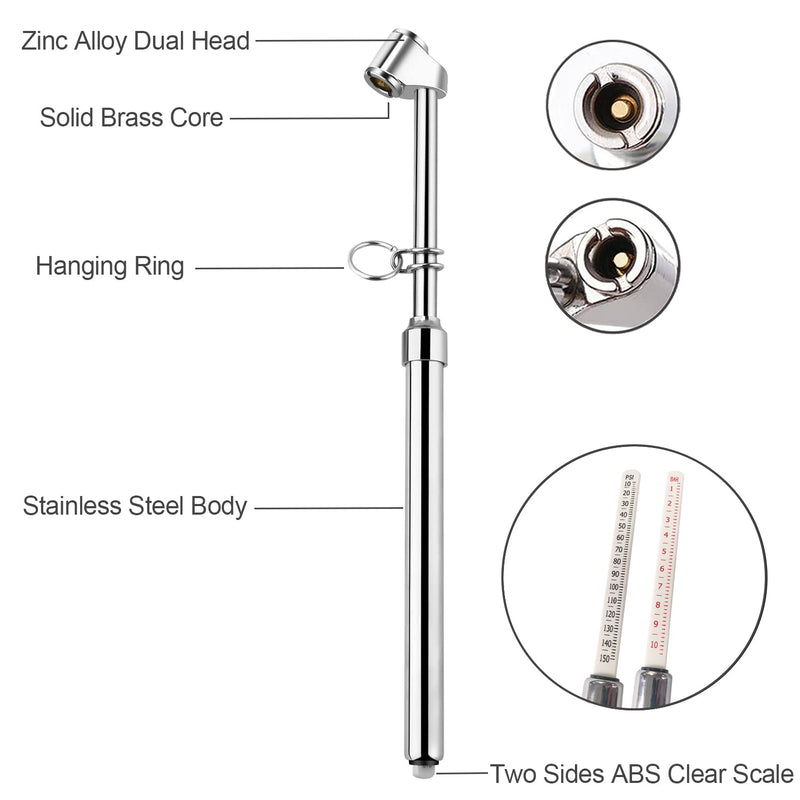 Truck Tire Pressure Gauge,Heavy Duty Pen Tire Gauge Range to 150PSI/10Bar,Dual Head Air Pressure Gauge (Pack of 2) 2 Pack