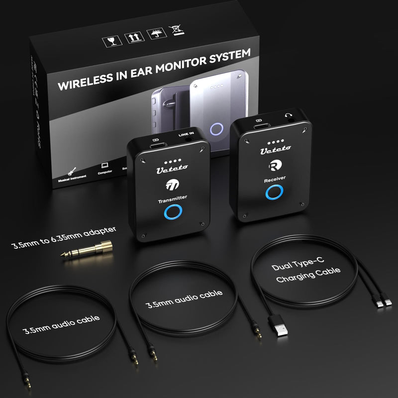 Ueteto Wireless in Ear Monitor System 2.4G Stereo IEM System with Transmitter Beltpack Receiver Automatic Pairing, for Studio, Band Rehearsal, Live Performance Transmitter and Receiver-NEW