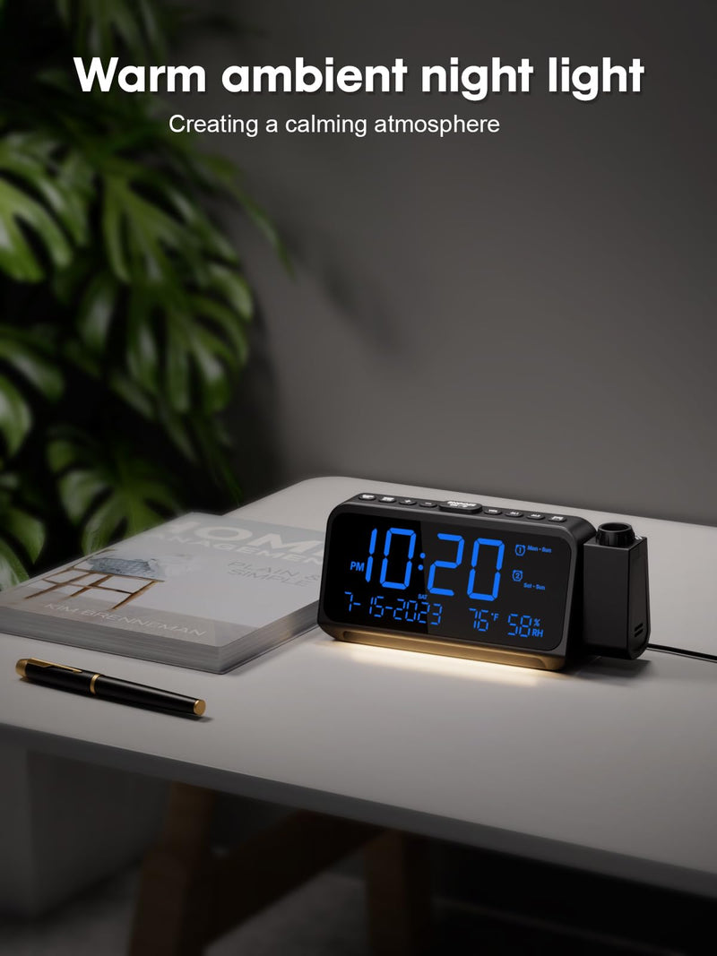 ROCAM Projection Alarm Clock for Bedroom Ceiling, Digital Clock with 180° Projector with 5-Level Dimmer, Dual Loud Alarm with Weekend/Weekday Mode, Date, Temp, Humidity, Night Light, DST, Snooze Blue