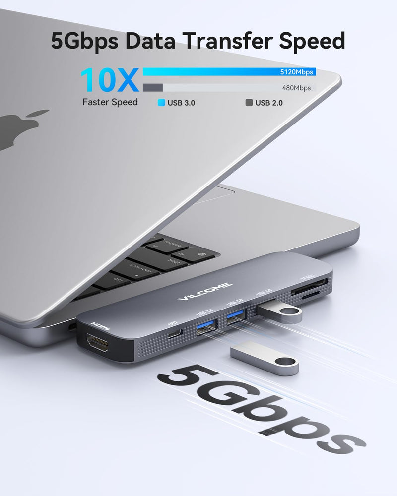 Vilcome USB C Adapter for MacBook Pro/Air M1 M2 M3 2023 2022 2021 2020 2019, 7-in-2 USB-C Hub MacBook Pro Accessories with Thunderbolt 3 PD Port, 4K@60Hz HDMI, 3 USB 3.0 Ports, TF/SD Card Reader Grey