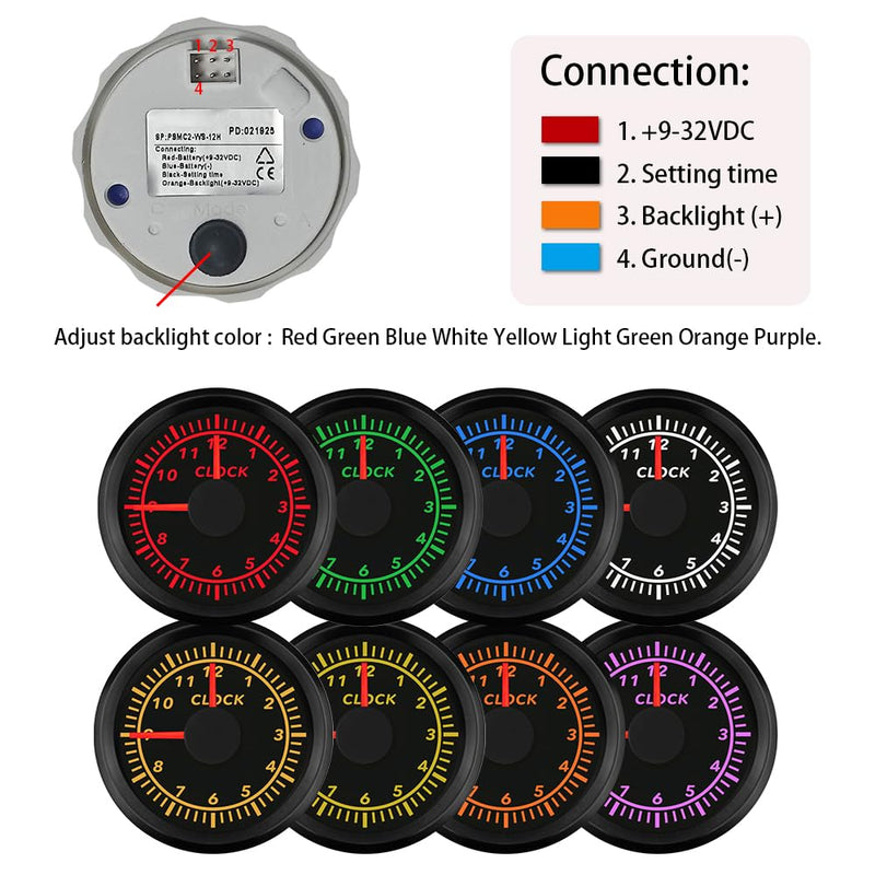 2" /52mm Clock Gauge 12-Hour Meter with Backlight 12V 24V for Car Boat Sedan Motorbike Waterproof Type (Black&Black) Black&Black