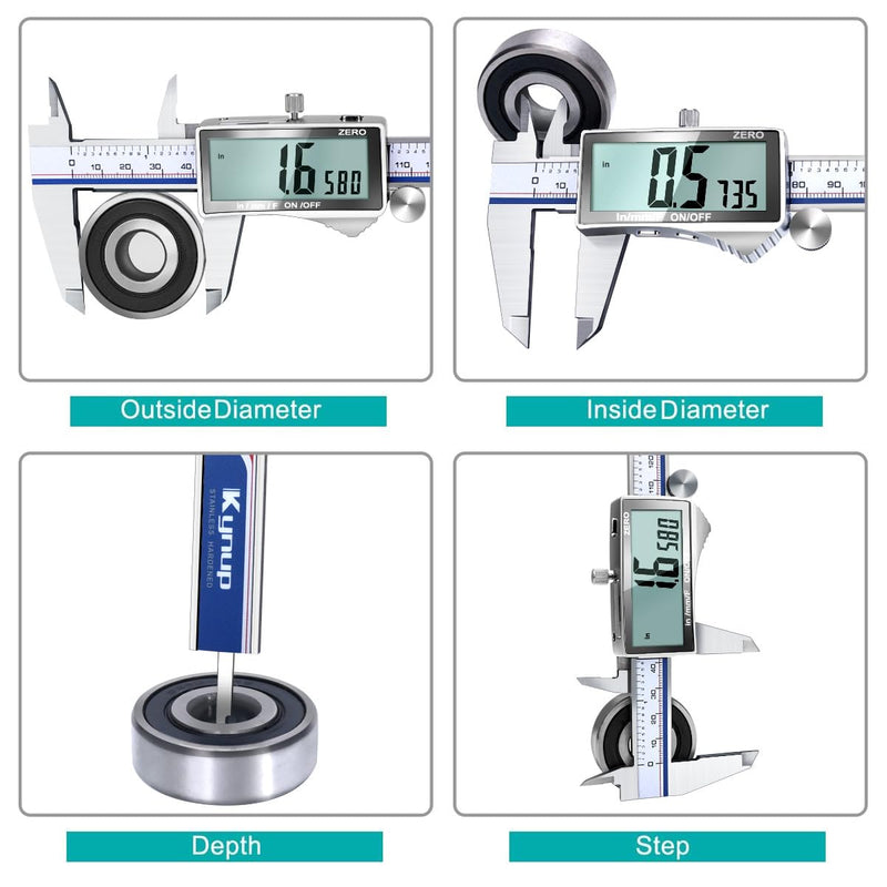 Kynup Digital Caliper Measuring Tool, Vernier Dial Caliper Digital Outside Micrometer, 6 Inch Caliper DIY Tool, Stainless Steel, Large Screen, Splash Proof, Inch Metric Fraction Switch 301-2
