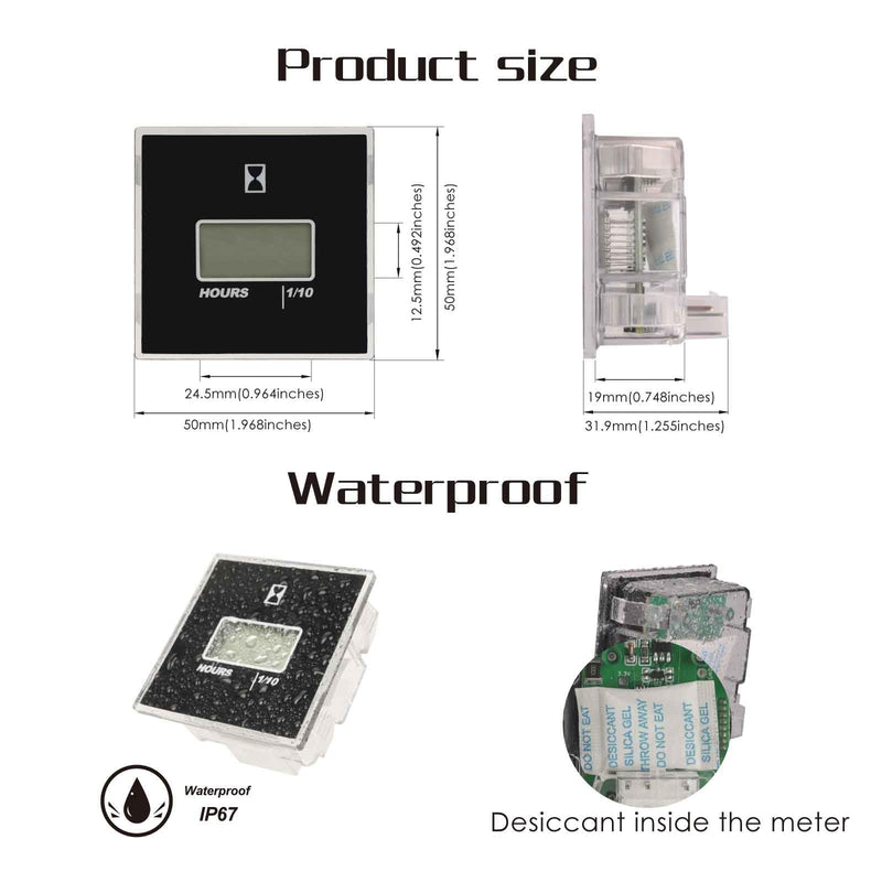 AC/DC Hour Meter Oil Pressure/Voltage Detect Meter Waterproof Transparent PC Closed Design Built-in Desiccant Moistureproof for Engine Lawn Mower Tractor Boat (Black) Black