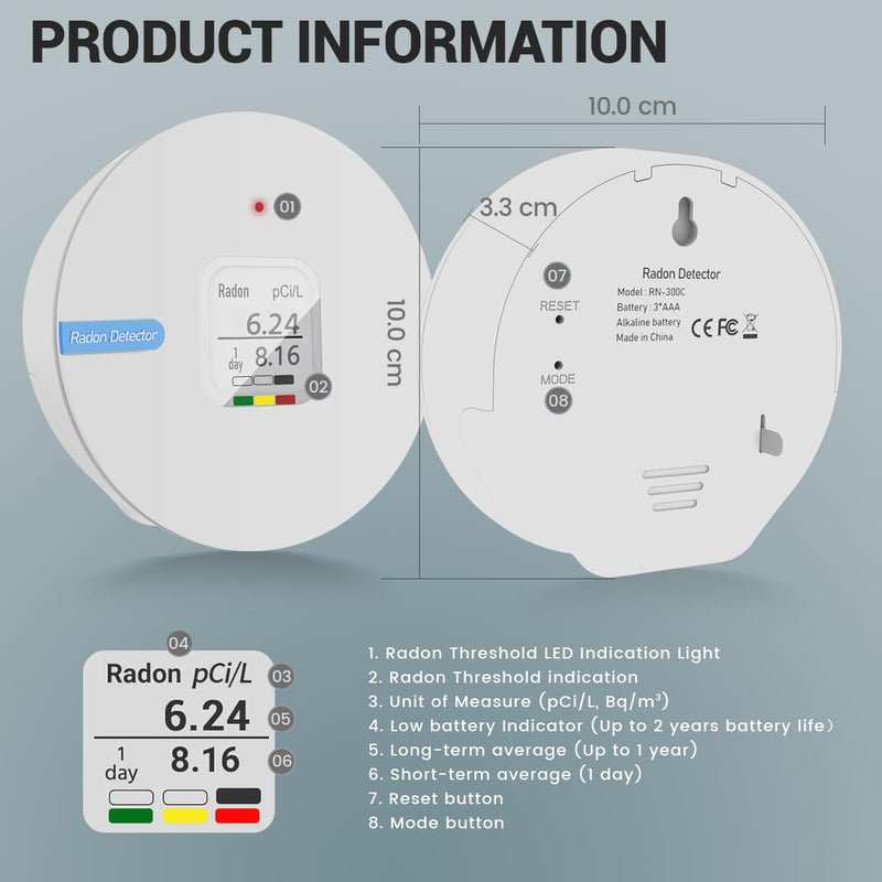 Radon Detector, E-Ink Screen, Alpha Spectrometer Sensor, 2-Year Battery Life, Wall Mounted & Free Standing, PCi/L & Bq/m³ Units Switchable, Hello Radon C, for Home, Office, Workplace
