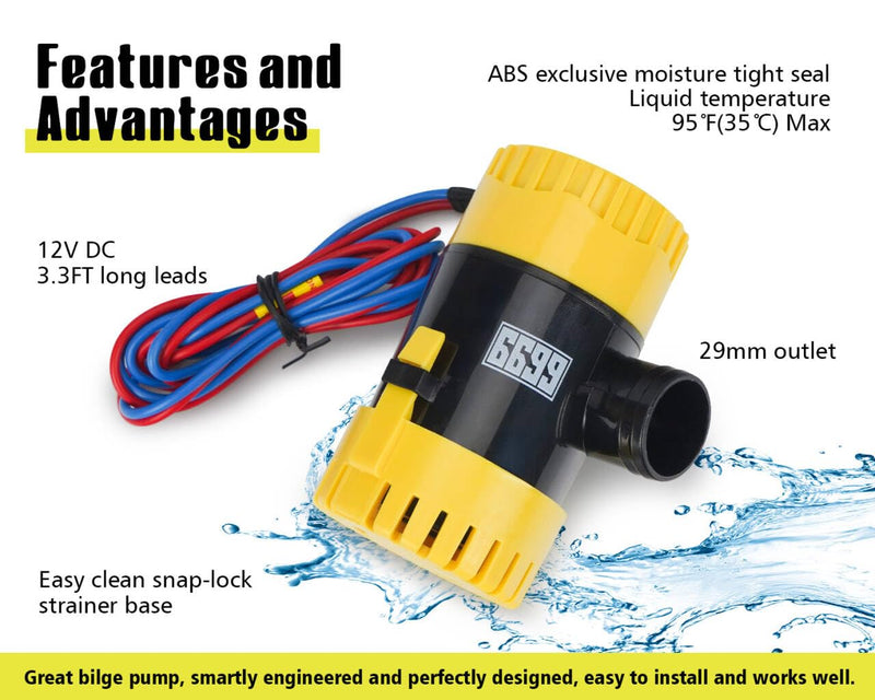 Submersible Boat Bilge Pump 12V DC with 3.3ft Power Cord 11000 GPH High Flow for Marine Yacht Kayak Canoe and Small Boats Efficient Water Removal System with Durable Design and Easy Installation