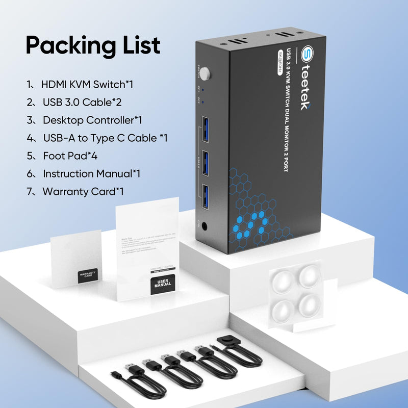 USB 3.0 HDMI KVM Switch 2 Monitor 2 Computers, 8K@60Hz KVM Switches for 2 Computers Sharing Monitor Keyboard Mouse Hard Drives Printer,with EDID Adaptive,2*USB Cable and Controller. 2 Monitors 2 Computers