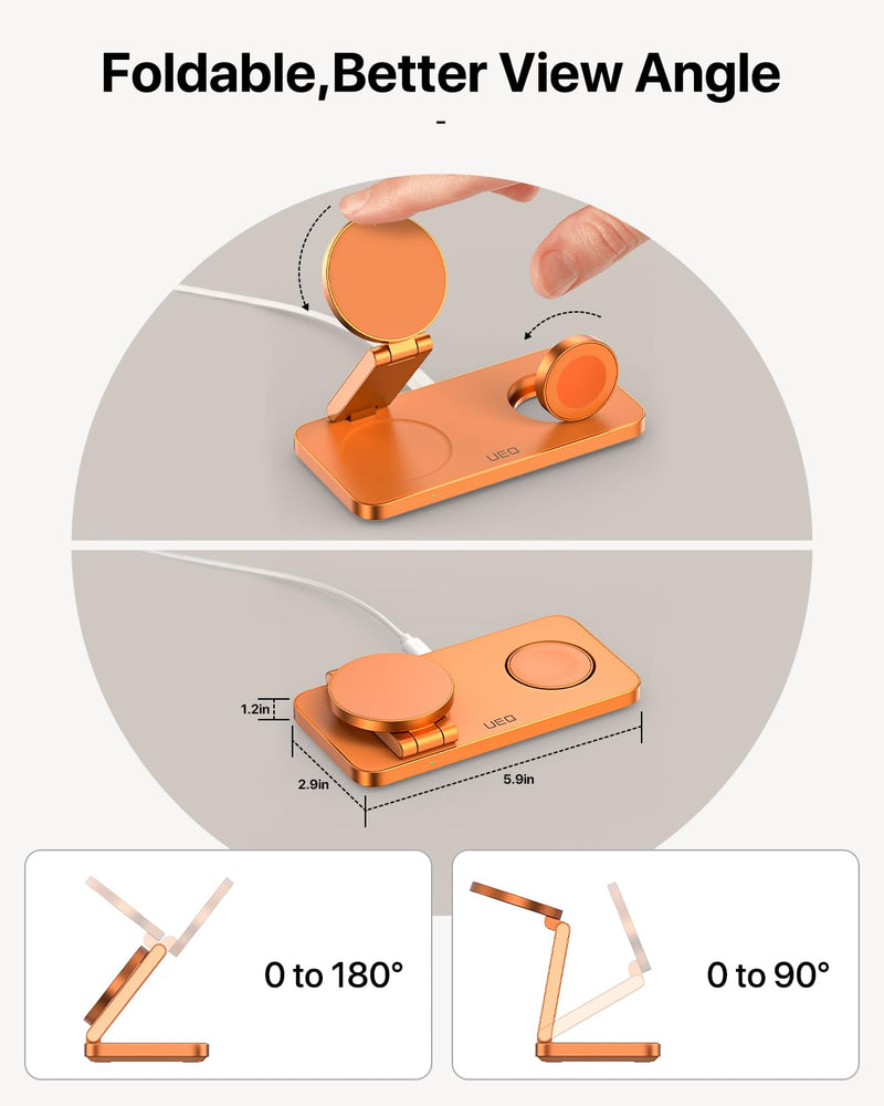 UEQ Foldable 3 in 1 Wireless Charging Station for Apple Mag Safe Charger Stand,Fast Magnetic Wireless Charger Station for iPhone 17 Air 16 15 14 13 12 Series,Airpods Pro,Apple Watch Ultra (Orange) Orange