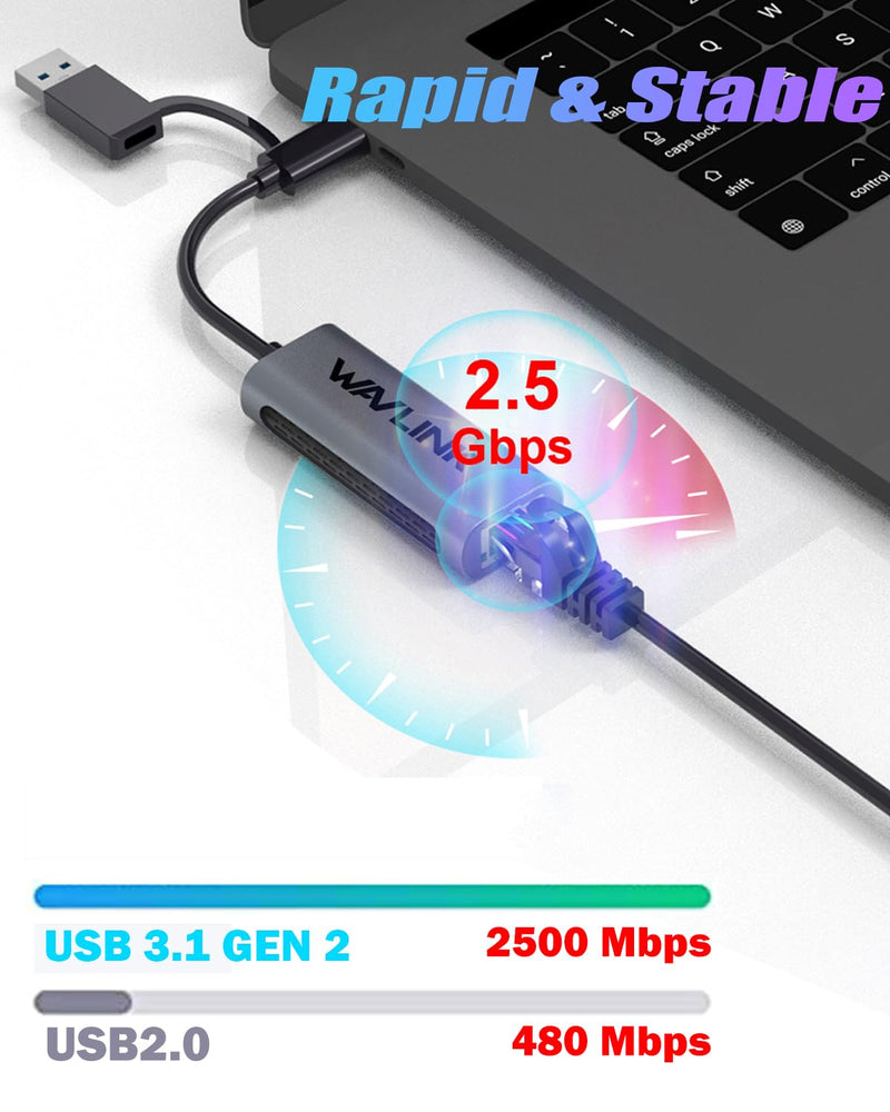 Wavlink USB C to Ethernet Adapter 2.5 Gbps, 2-in-1 USB to 2.5G Ethernet Adapter, USB-C to RJ45 Network Converter (Thunderbolt 4/3 Compatible), Aluminum Case for Windows, Mac OS, iPad OS and More. 330GCA