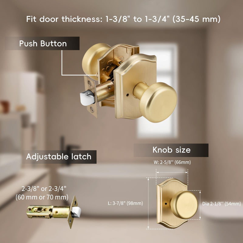 Brushed Gold Door Knob with Push Lock for Privacy Bath & Bedroom, Pismo Knob with Zinc Camelot Trim, Flexible Turning & Easy Release Lock 1 Brushed Gold