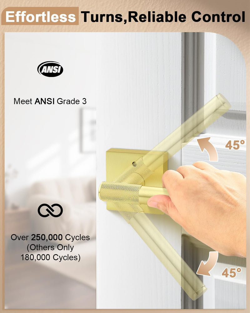 Probrico Brushed Gold Privacy Door Handle Interior, Knurled Keyless Locking Square Door Lever Handles, Reversible for Bathroom and Bedroom, 1 Pack