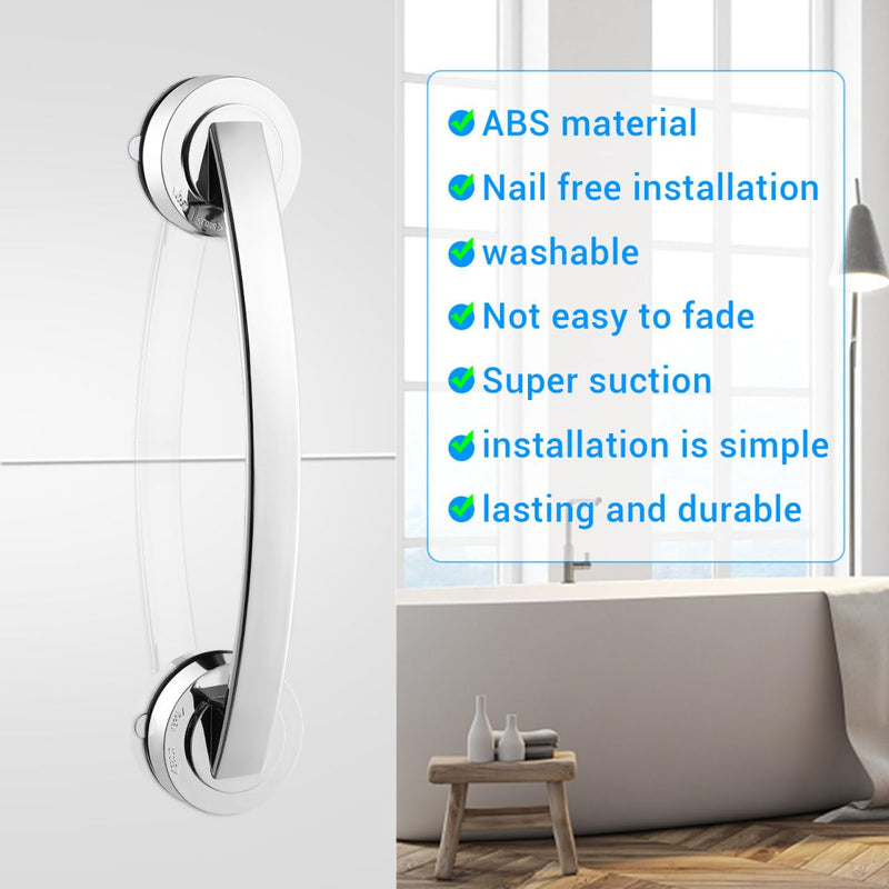 Cabilock Silver Suction Grab Bar for Shower & Bathtub – 12 Inch Chrome Finish Safety Handle, Drill-Free Balance Assist for Seniors, Elderly & Disabled, Portable Bathroom Support Grip