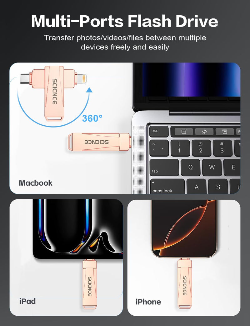 SCICNCE 512GB Flash Drive Intended for iPhone, USB Memory Stick Storage Backup for Photos Videos, Plug and Play No APP Required, Compatible with iPhone iPad Android and Computers (Rose Gold) Rose Gold