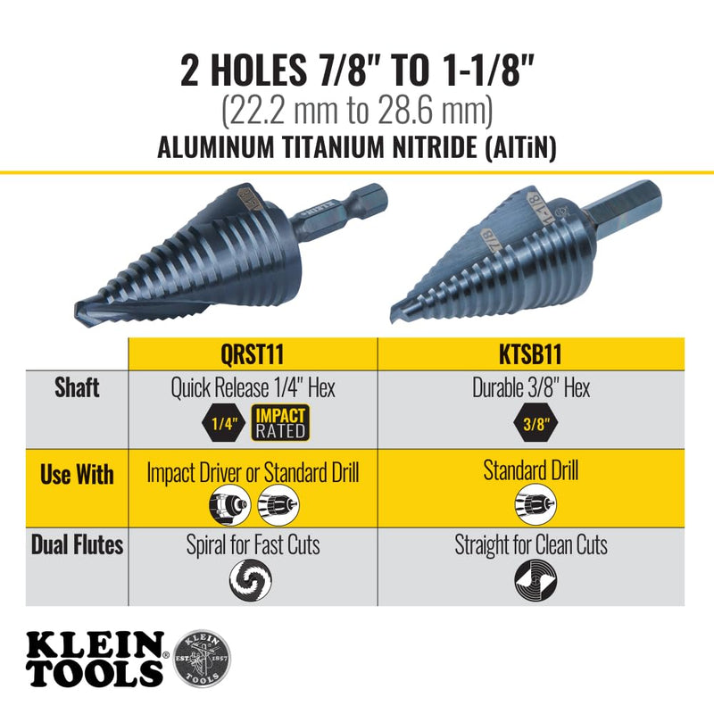 Klein Tools QRST11 Step Drill Bit, Quick Release Spiral Double-Fluted, 7/8 to 1-1/8-Inch, Hex Shank, Cut Steel, Wood, Plastic, Aluminum