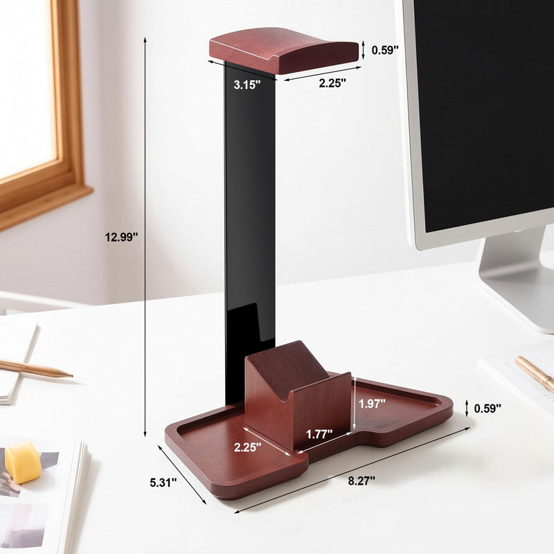 Headphone Holder Stand for Desk, Wood and Metal Headset Hanger Mount Hook Gaming Holder Desktop Earphone Artful Functional Craftsmanship Stand for All Headsets with Solid Wooden Base 2 in 1