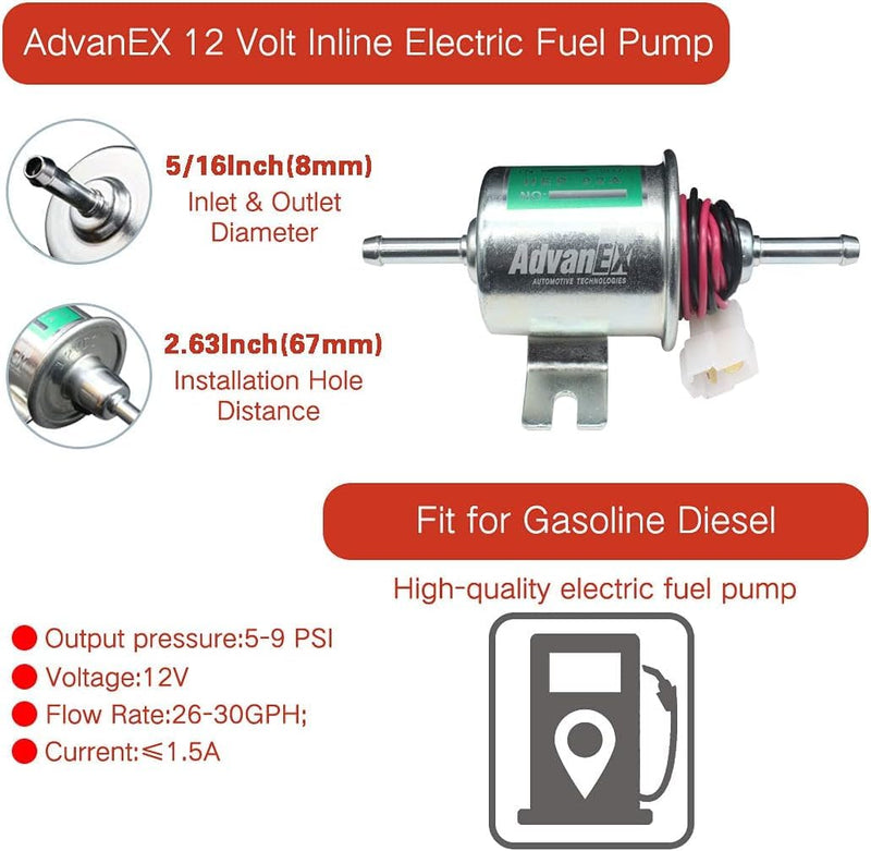 Electric Fuel Pump 12V Universal Low Pressure 5-9 PSI Gas Diesel Inline Metal Solid Petrol Compatible with Carburetor HEP-02A HEP-02A(5-9 PSI)
