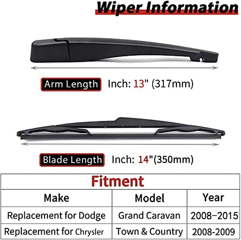 OTUAYAUTO Rear Windshield Back Wiper Arm Blade Set - Replacement for 2008-2015 Dodge Grand Caravan 2008-2009 Chrysler Town & Country Rear Wiper Arm and Blade Replacement for Dodge Grand Caravan 2008-2015