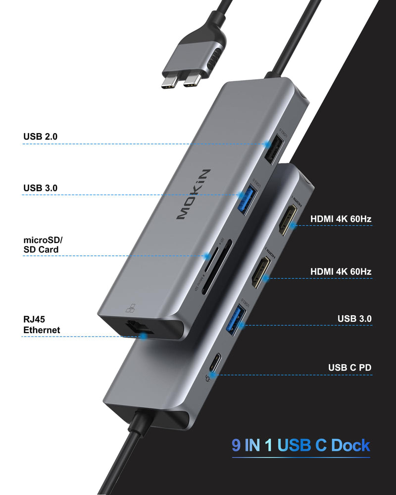 MOKiN MacBook Pro Docking Station Dual Monitor MacBook Pro/Air HDMI Adapter | 9 in 1 USB C Adapters for MacBook Pro Air Mac HDMI Dock Dongle Dual USBC to Dual HDMI,Ethernet,3USB,SD/microSD,100W PD grey