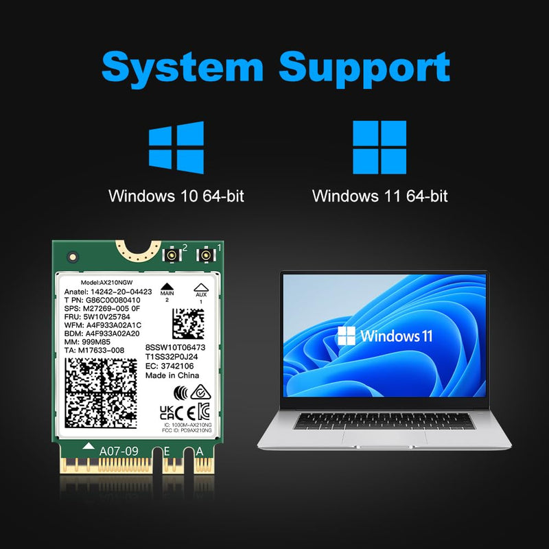 WiFi 6E AX210NGW M.2 Card, 6GHz Low Latency Gaming Streaming, Windows 10/11 | NGFF M.2 Key A+E, Up to 5400Mbps Ultra-Fast, Tri-Band 2400/2400/574Mbps, Bluetooth 5.4, WPA3, Easy Setup for Laptop Upgrade