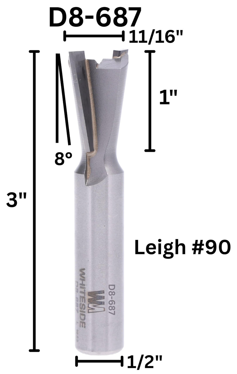 Whiteside Router Bits D8-687 Dovetail Bit with 11/16-Inch Large Diameter, 1-Inch Cutting Diameter and 1/2-Inch Shank