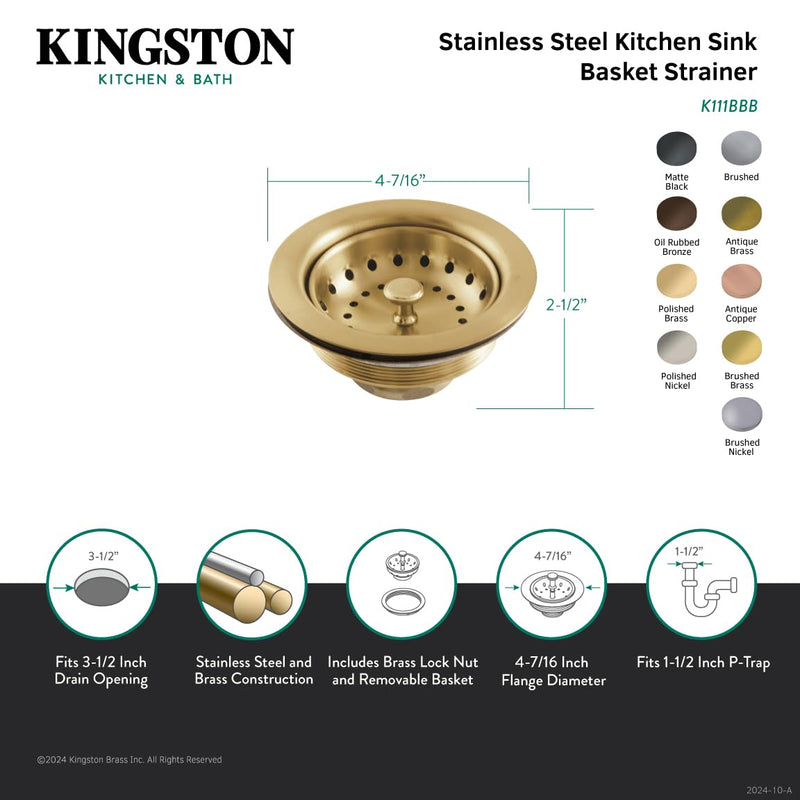Kingston Brass K111BBB Tacoma Stainless Steel Kitchen Sink Basket Strainer, Brushed Brass