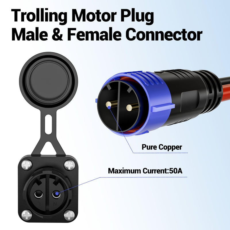 Trolling Motor Plug,12V/24V/36V/48V 2-Wire 8 Gauge 50A Receptacle for Minn Kota Marine Boat, Male & Female Waterproof Quick Connect Straight