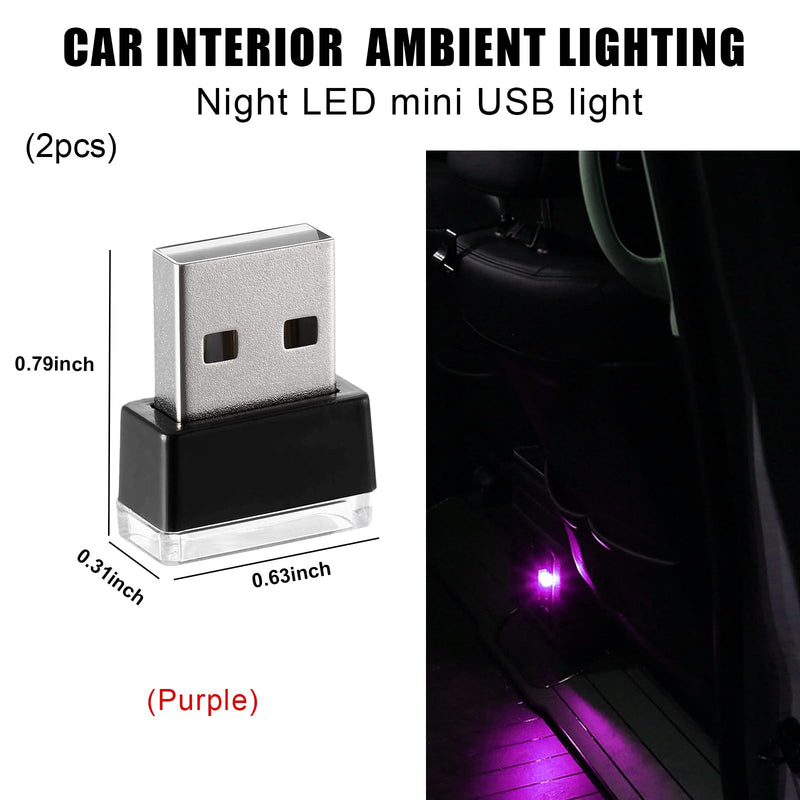 2 PCS USB LED Car Interior Atmosphere Lamp, Portable Mini LED Night Light, Plug-in USB Interface Trunk Ambient Lighting Kit, Universal Interior Car Accessories (Purple) Purple