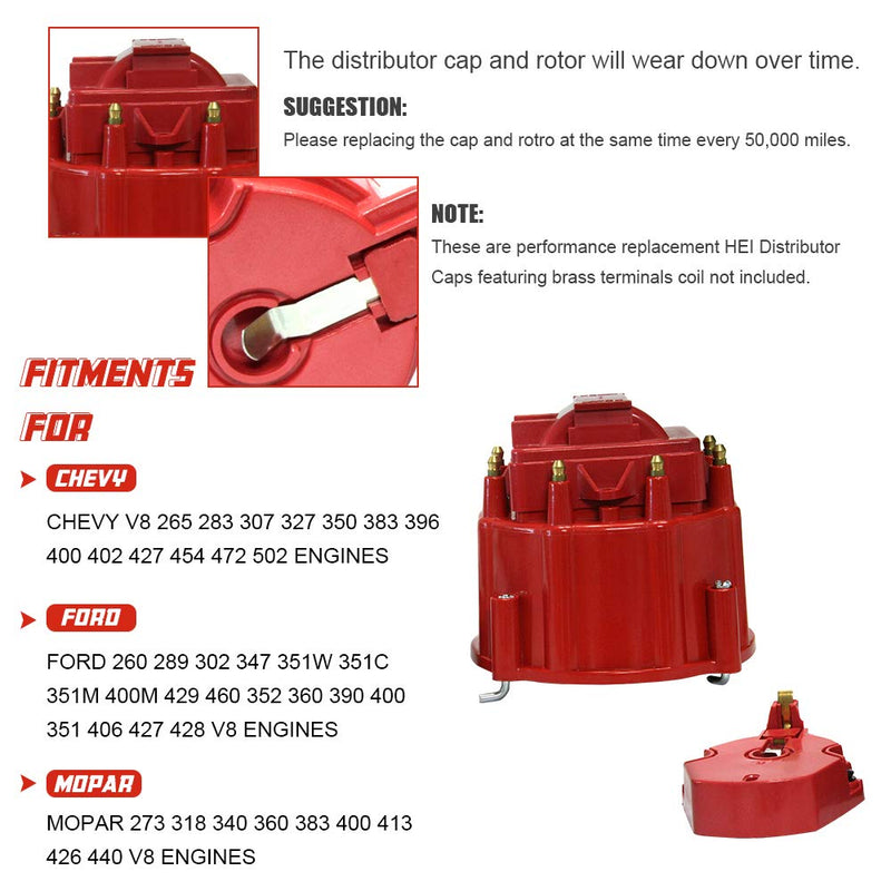 Red Male HEI Distributor Cap and Rotor for K549 SBC 283 305 307 327 350 400 BBC 454 396 427 Distributor Cap Assembly
