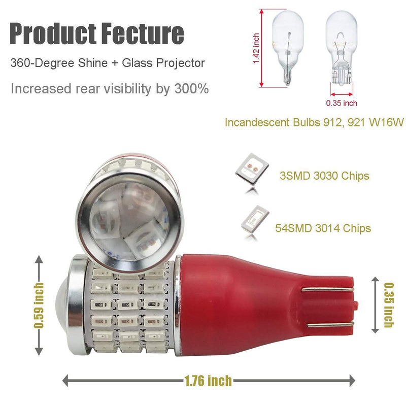 iBrightstar 912 921 LED Bulb for Tail 3rd High Mount Brake Lights High Power with Projector Error Free T15 906 922 W16W Bulbs, Brilliant Red