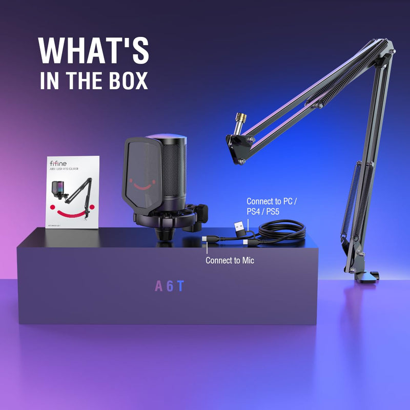 FIFINE Gaming PC USB Microphone, Podcast Condenser Mic with Boom Arm, Pop Filter, Mute Button for Streaming, Twitch, Online Chat, RGB Computer Mic for PS4/5 PC Gamer Youtuber-AmpliGame A6T Black