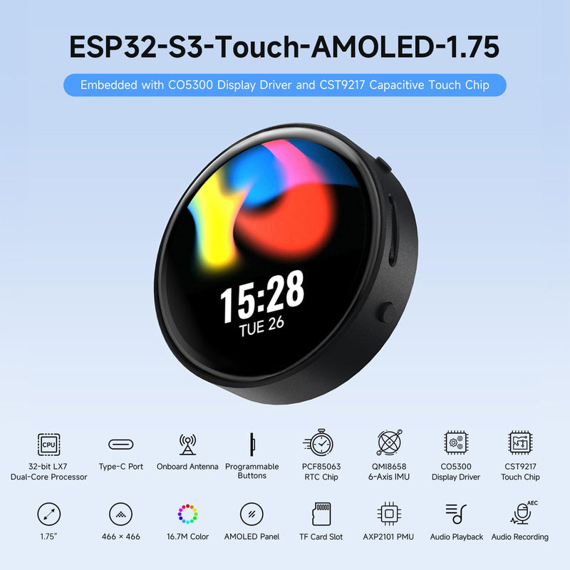 Waveshare ESP32-S3 1.75inch AMOLED Round Touch Display Development Board, 32-bit LX7 Dual-core, 466×466, QSPI, Dual Digital Microphones Array, ESP32 with Display, with GPS