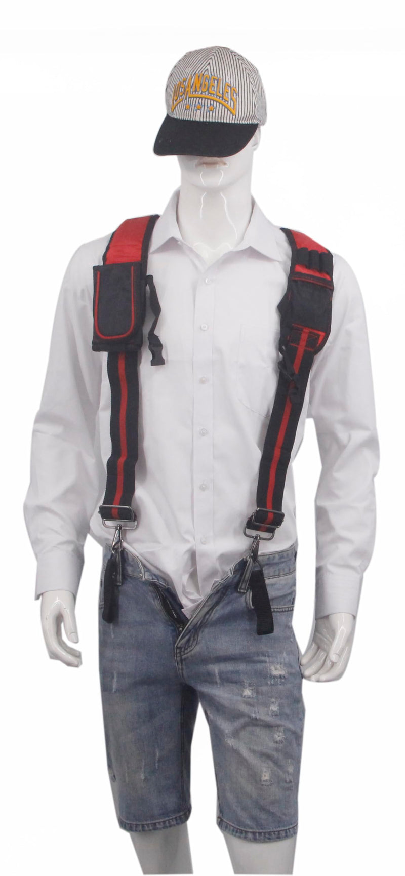 Heavy Duty Tool Belt Suspenders for Men 3 Point Padded Suspenders with Attachment Loops for Men Red Stripe