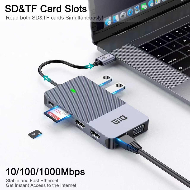 USB Docking Station GIQ USB C HUB USB 3.0 to Dual HDMI VGA Adapter Triple Display USB C Laptop Docking Station Dual Monitor HDMI Splitter Extender Compatible with MacBook M1 M2 M3 M4 M5 USB Dock Gray